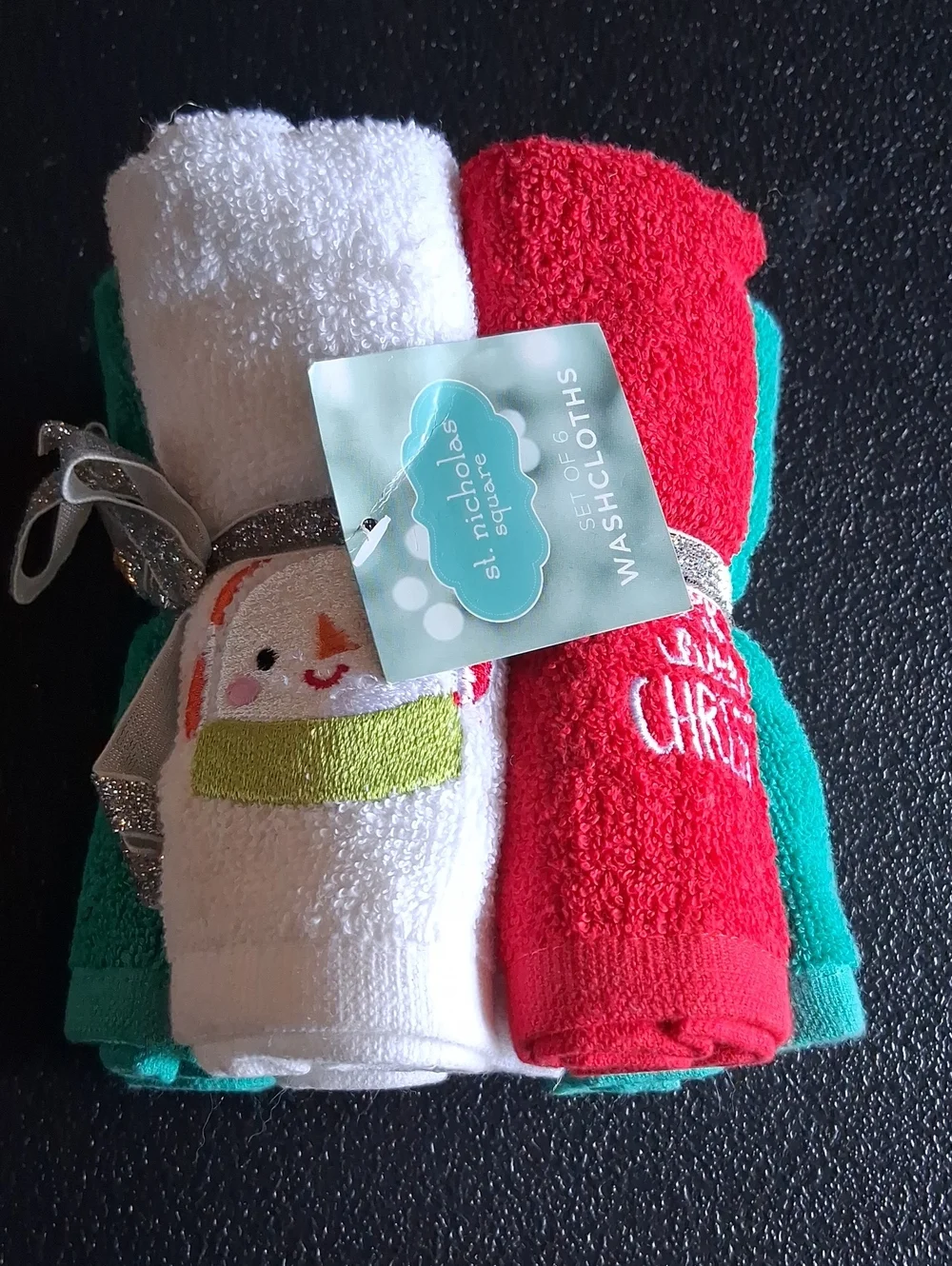 St. Nicholas Round Red White Teal Holiday Washcloth Trio
